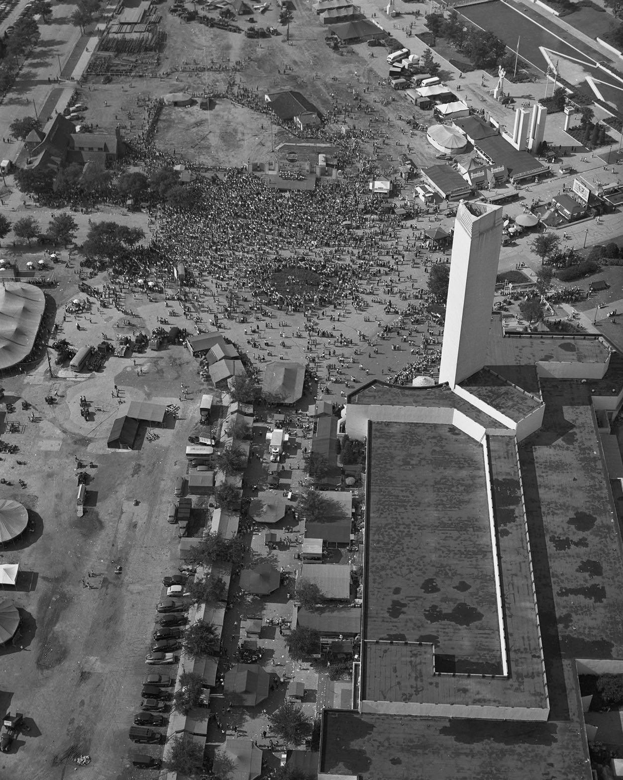 Aerial photograph of trapeze artists performing at Fair Park, Dallas, Texas, 1950