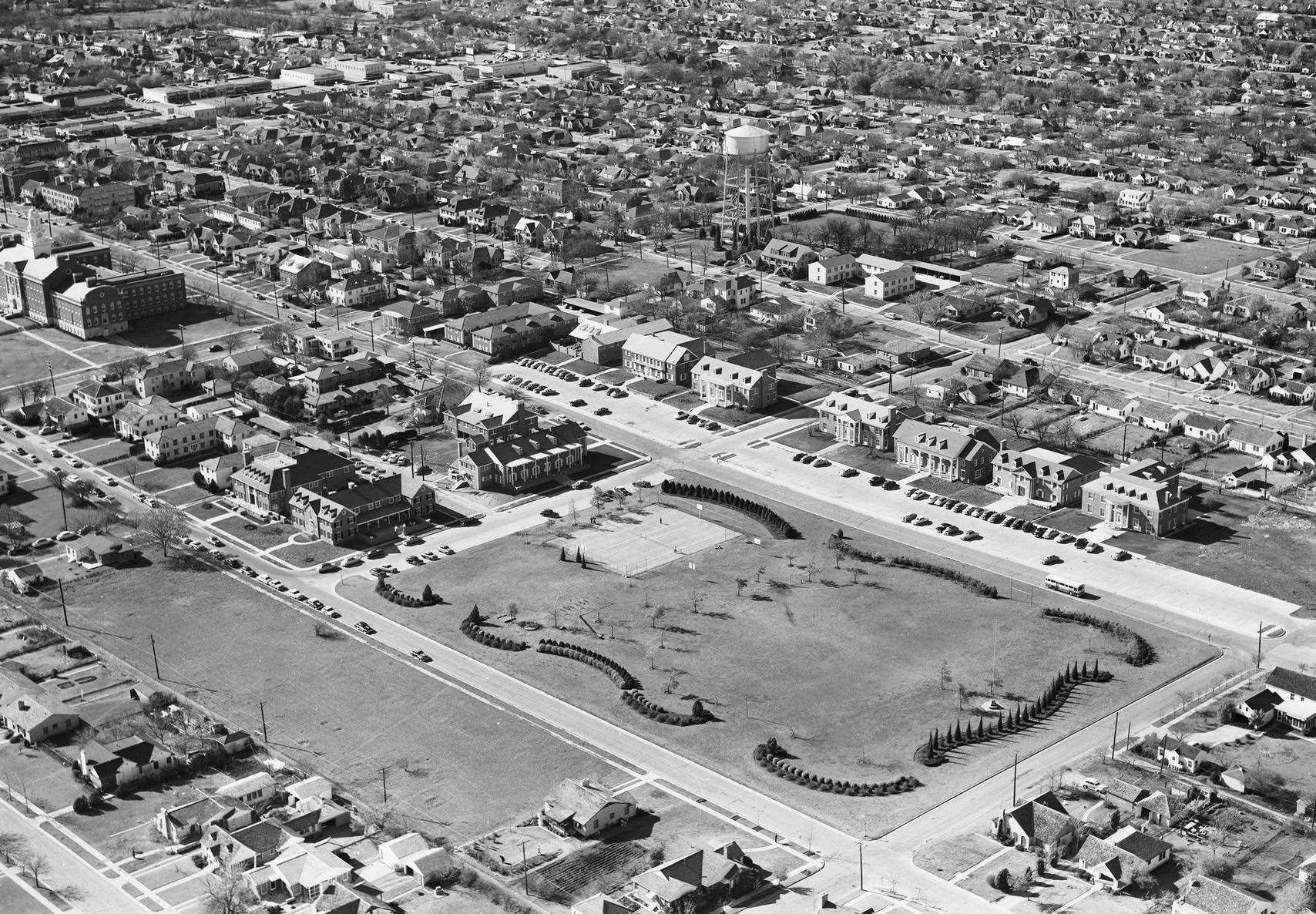 Aerial view of fraternity and sorority houses, Southern Methodist University, Dallas, 1952