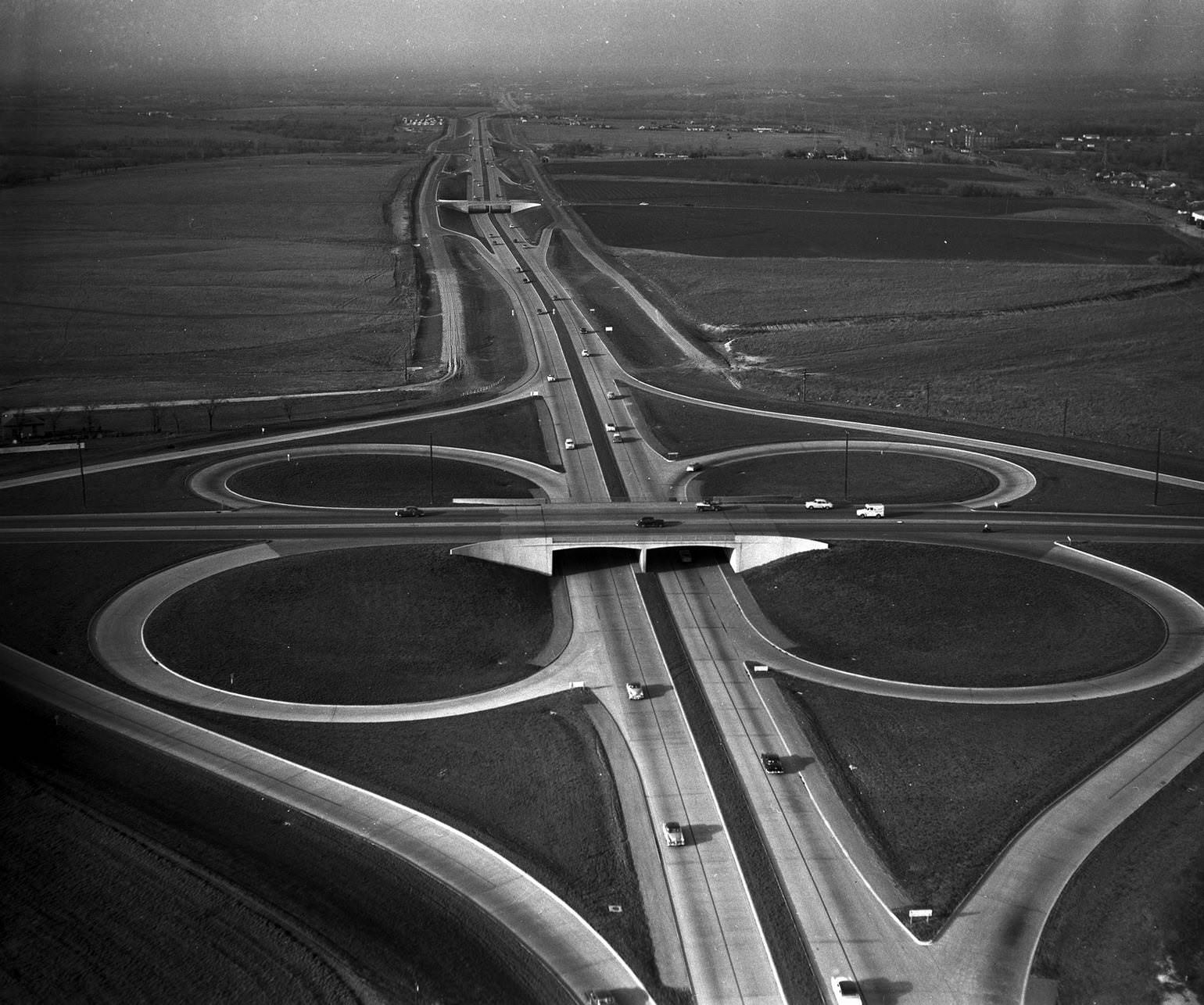 Central Expressway (Highway 75) with cloverleaf near Northwest highway, Dallas, 1954