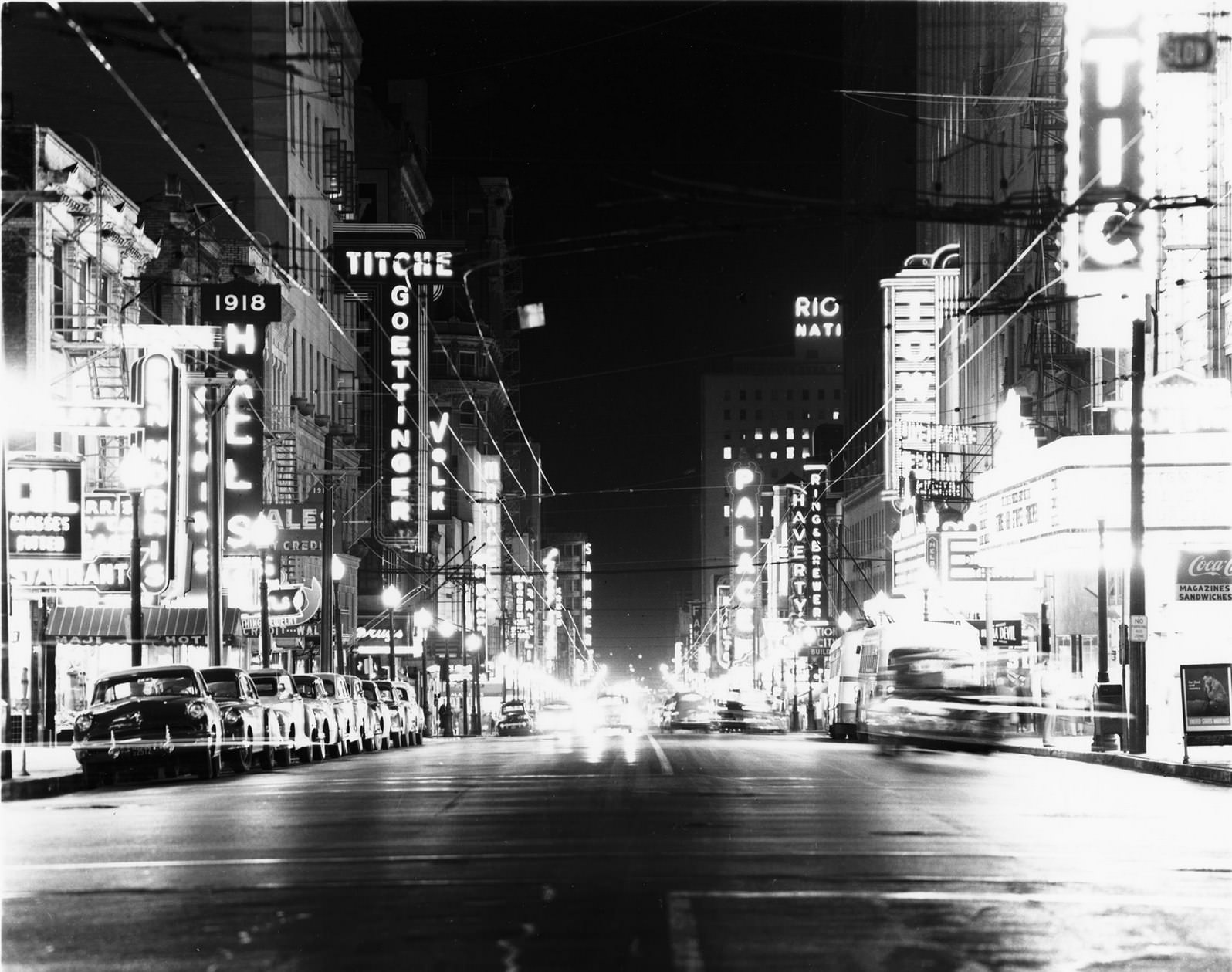 Night street scene, downtown Dallas, Texas, 1953