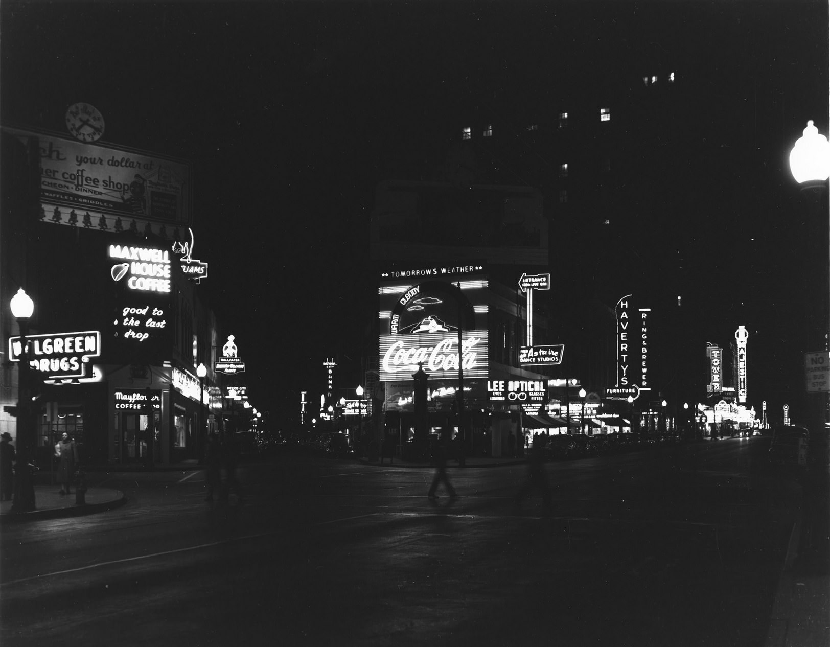 Night street scene, downtown Dallas, Texas, 1953