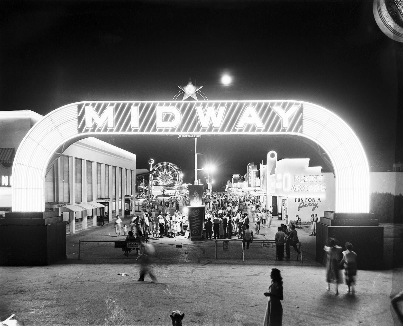 Fair Park Midway entrance at night, Dallas, Texas, 1950