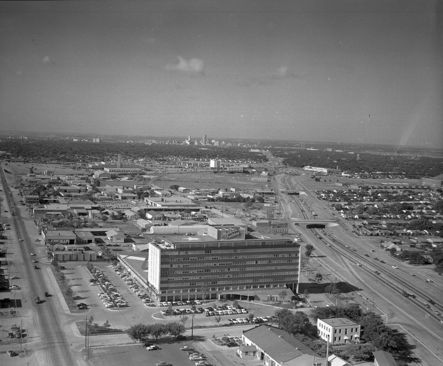 Aerial view of the Meadows building, Dallas, 1956