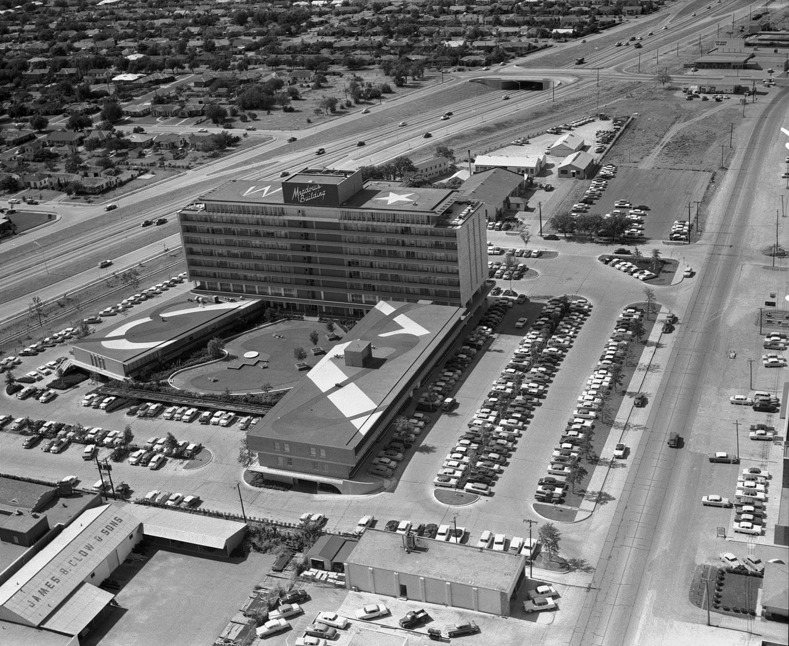 Aerial view of the Meadows building in downtown Dallas, 1956
