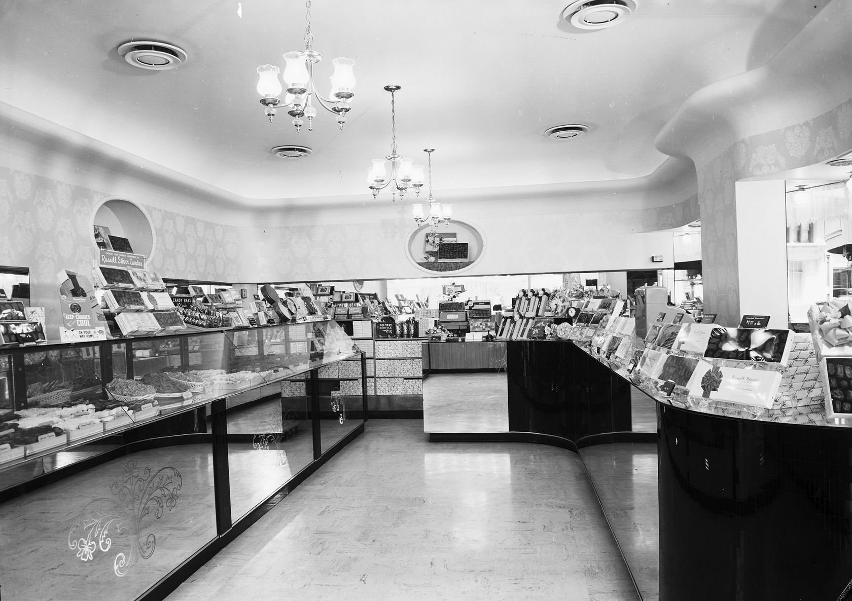 Russell Stover Candies shop, interior, located at Main and Akard streets, Dallas, Texas, 1954