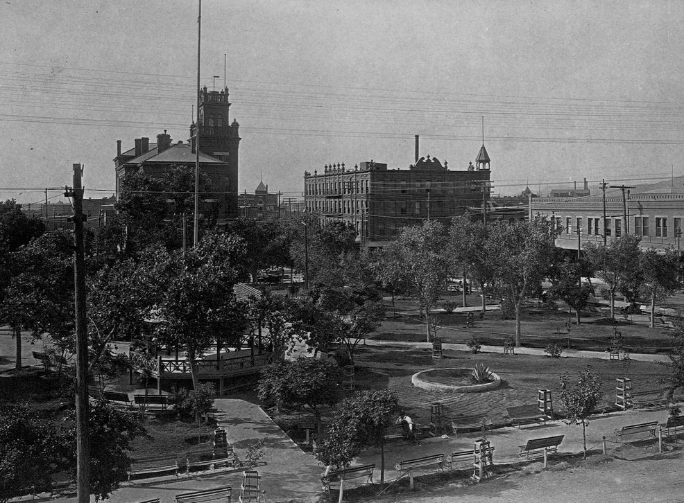 The Federal Building and Hotel Sheldon from across the park in downtown El Paso, Texas, 1902.