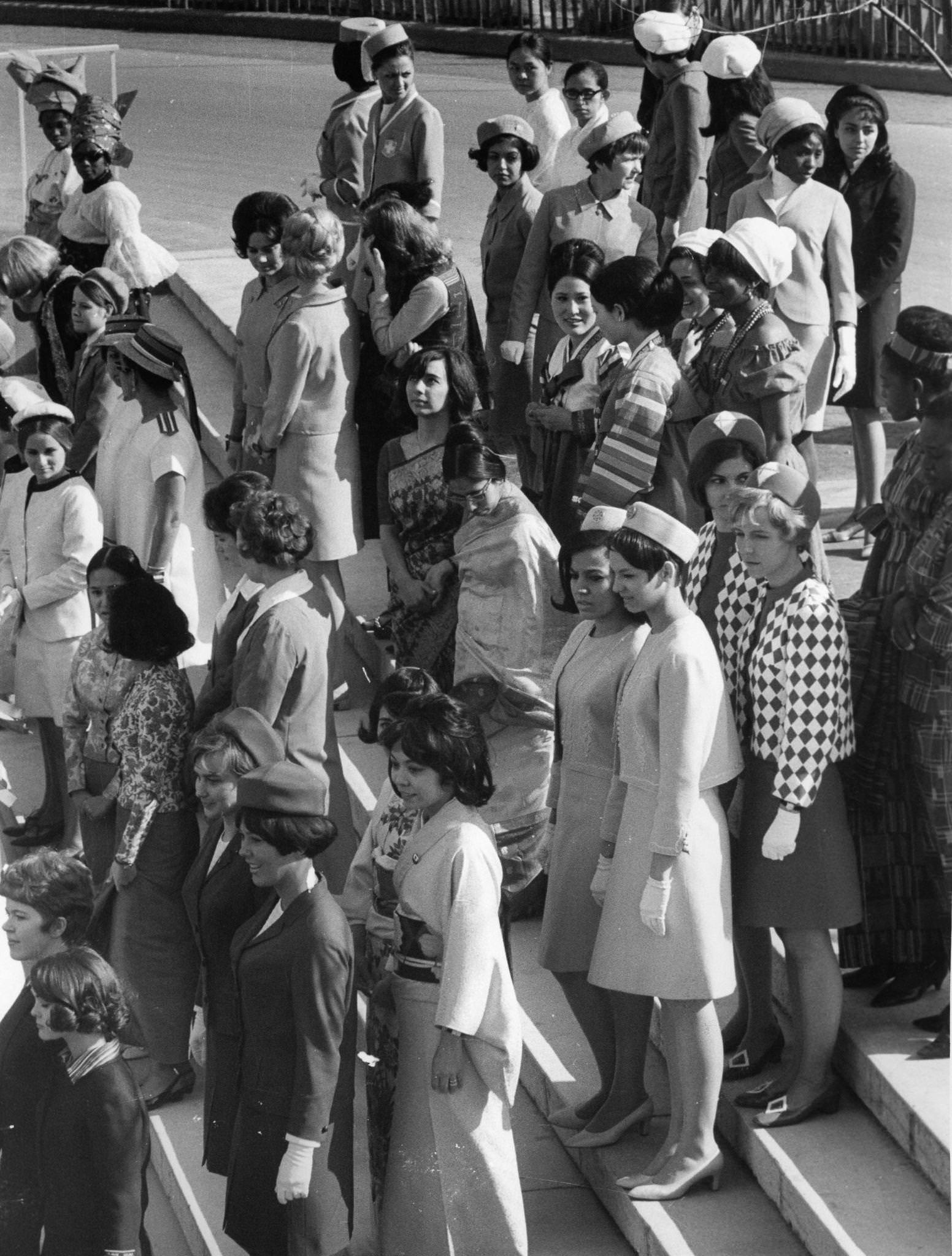 Pavilion hostesses are seen at the opening ceremony of the Expo '67 on April 28, 1967 in Montreal, Canada.