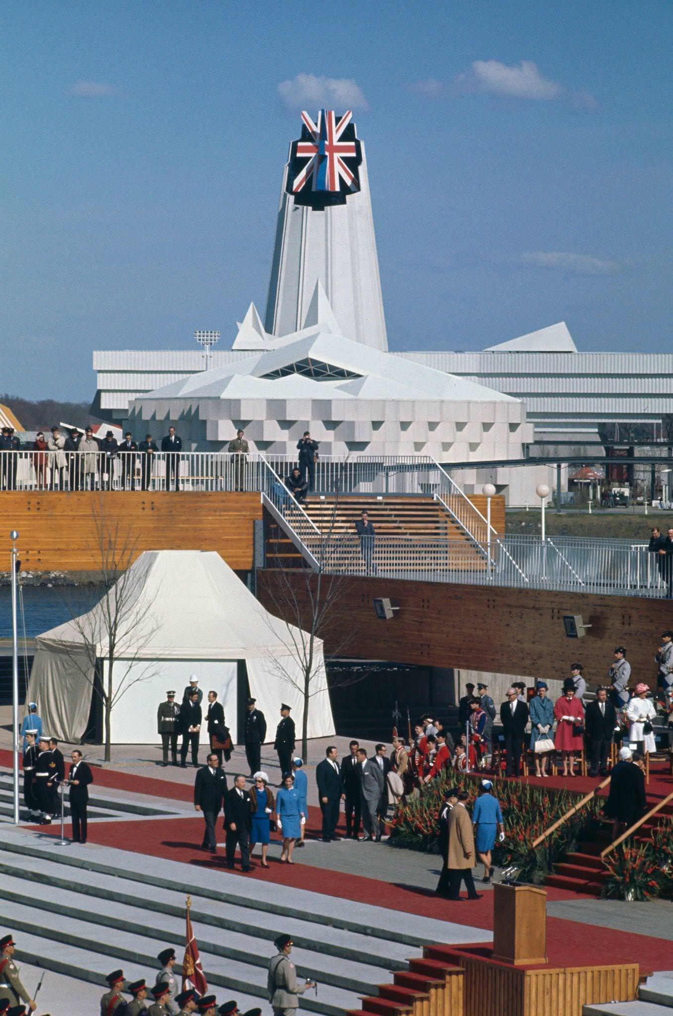 View of the British Pavilion, designed by Scottish architect Basil Spence, during an opening ceremony at Expo 67