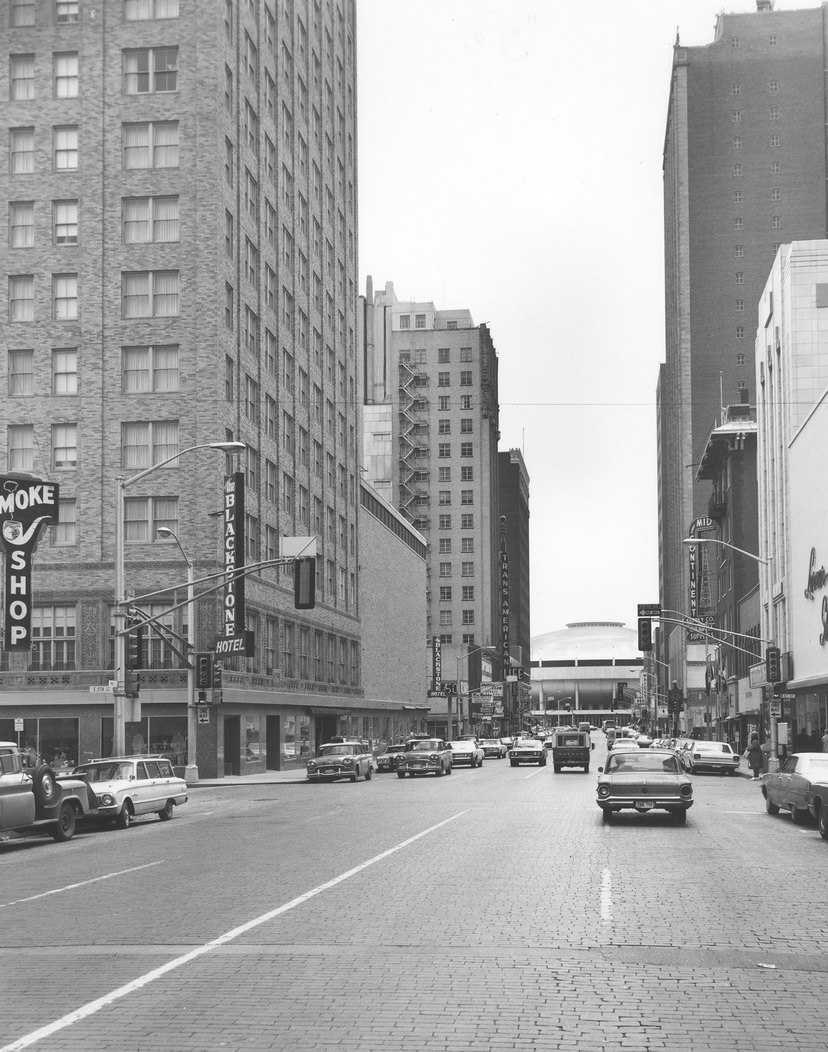 Blackstone Hotel and Lerner Shops department store, downtown Fort Worth, Texas, 1960