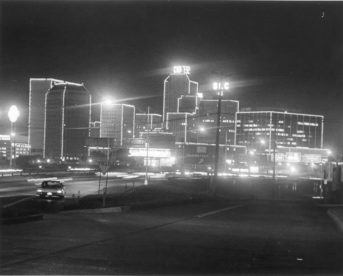 Downtown Fort Worth at night with buildings outlined in Christmas lights, 1967