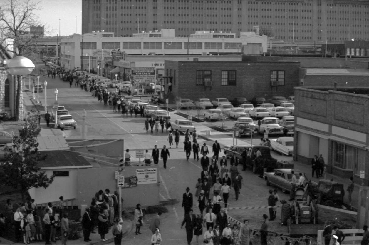 Overview of marchers, Civil Rights demonstrations in Fort Worth, protesting brutality in Selma, Alabama, 1965