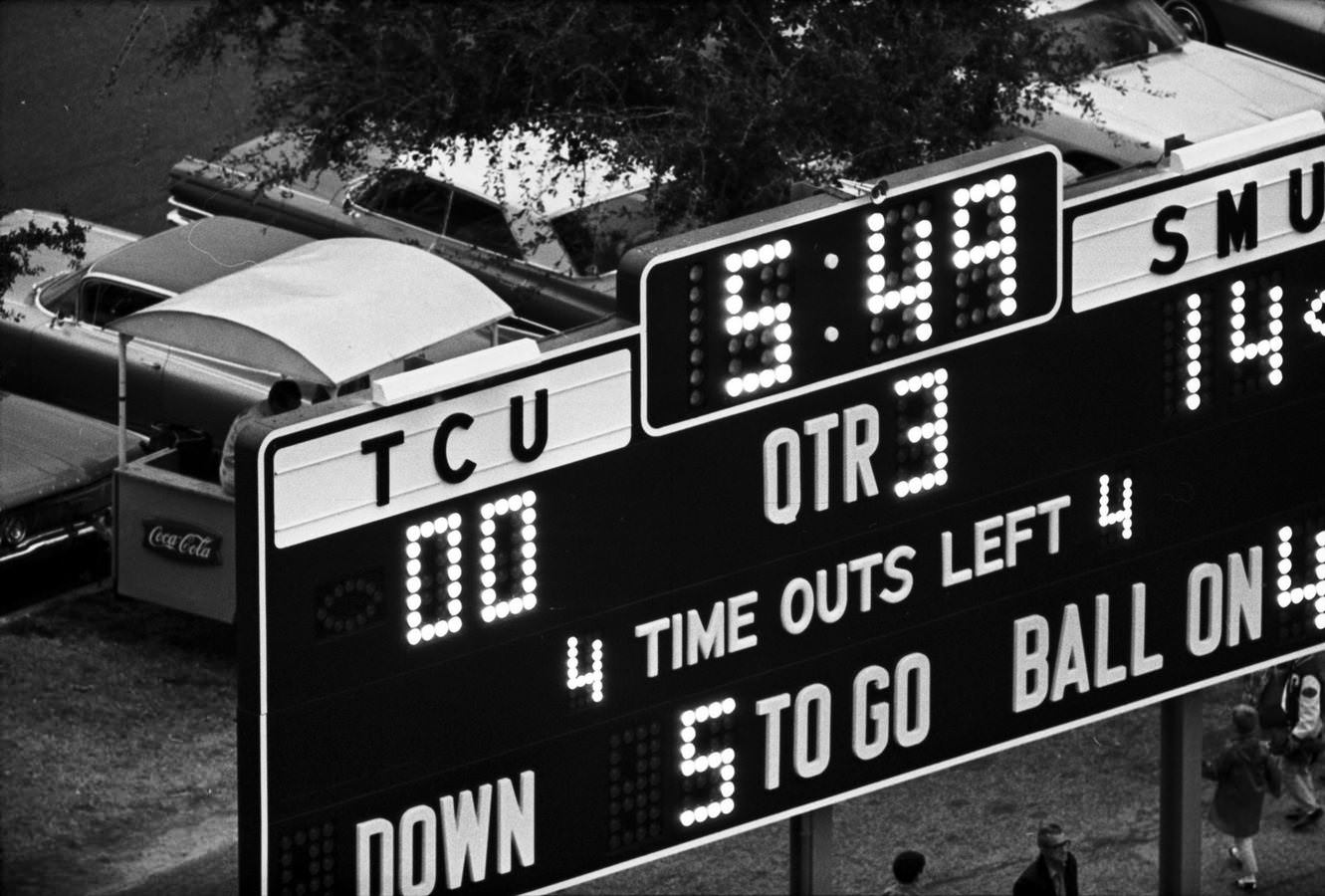 TCU vs. SMU football game scoreboard, 1966