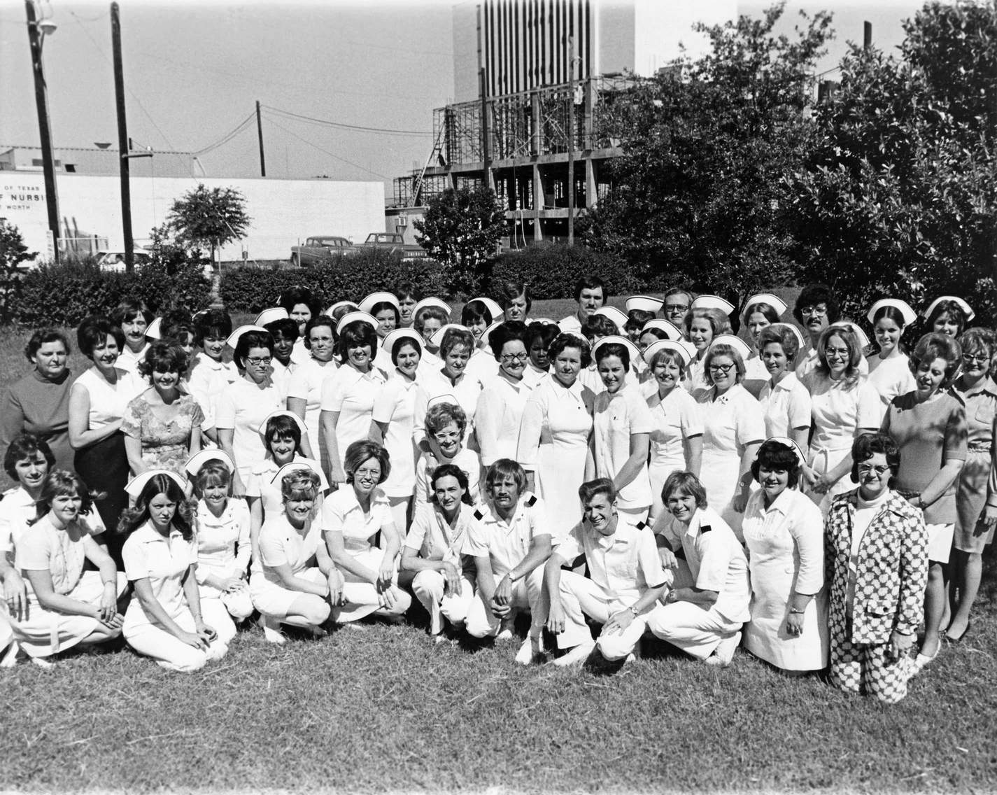 Nursing students at the University of Texas School of Nursing in Fort Worth. Jeanneane Cline, front row center, Mary Beth Steward, school secretary, at bottom right in the front row, 1968.