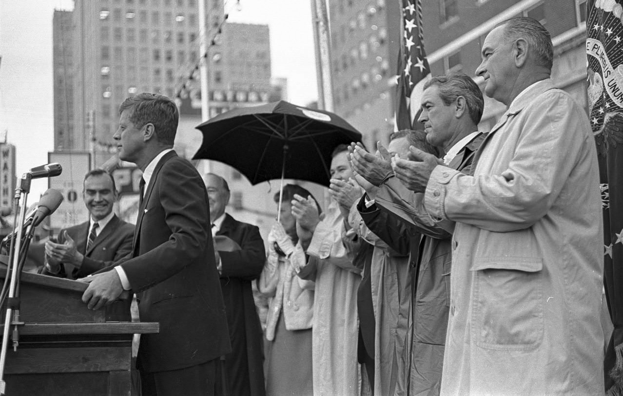 John F. Kennedy speaks to crowd outside Hotel Texas, 1963