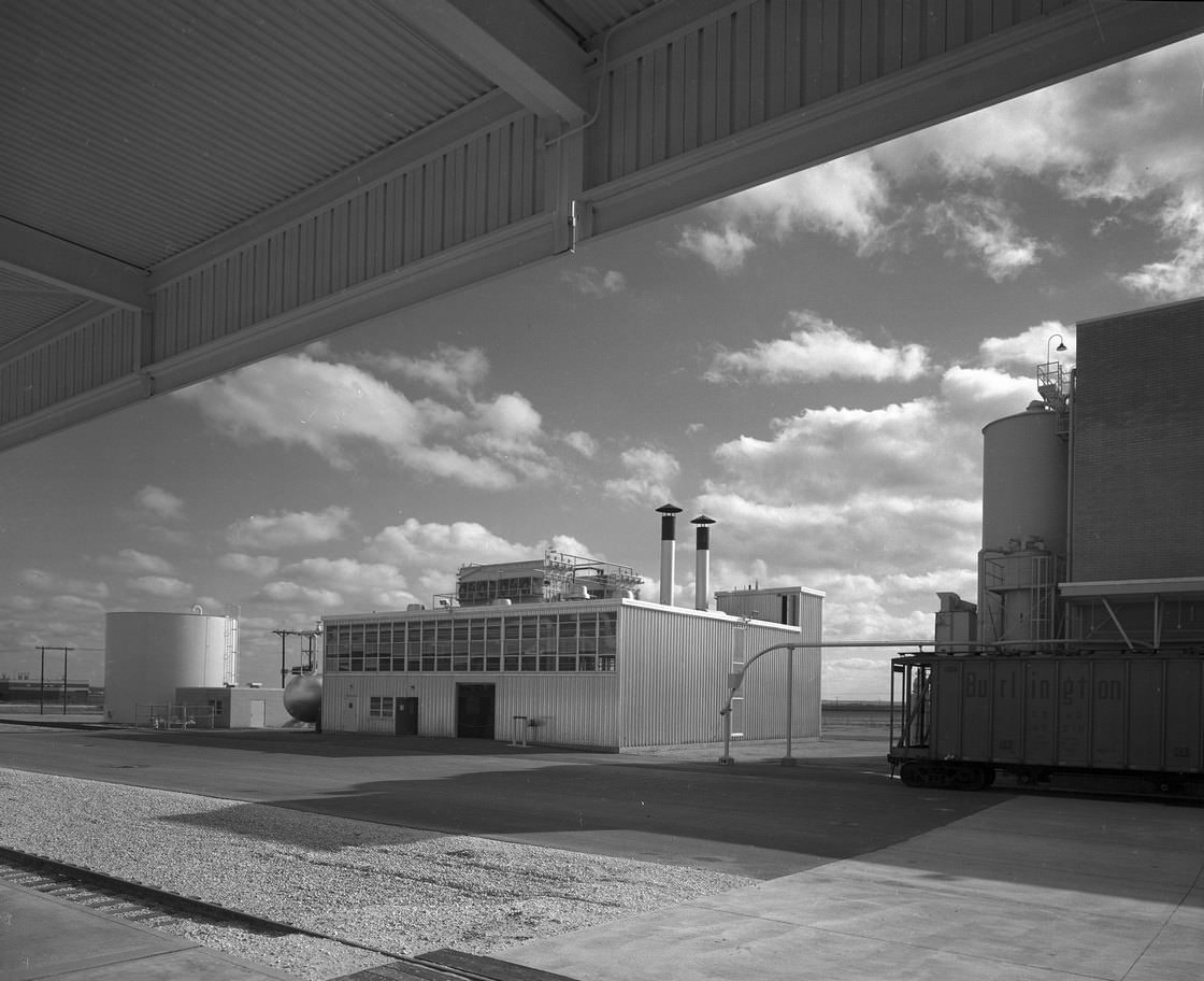 Exterior view of building, storage containers, Burlington freight container at Carling Brewery, 1965