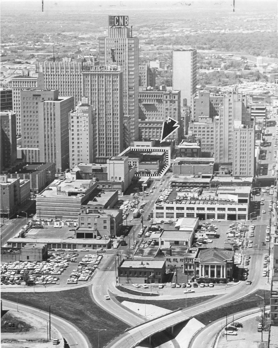Aerial of future location of a parking garage for the Continental National Bank, downtown Fort Worth, Texas, 1966