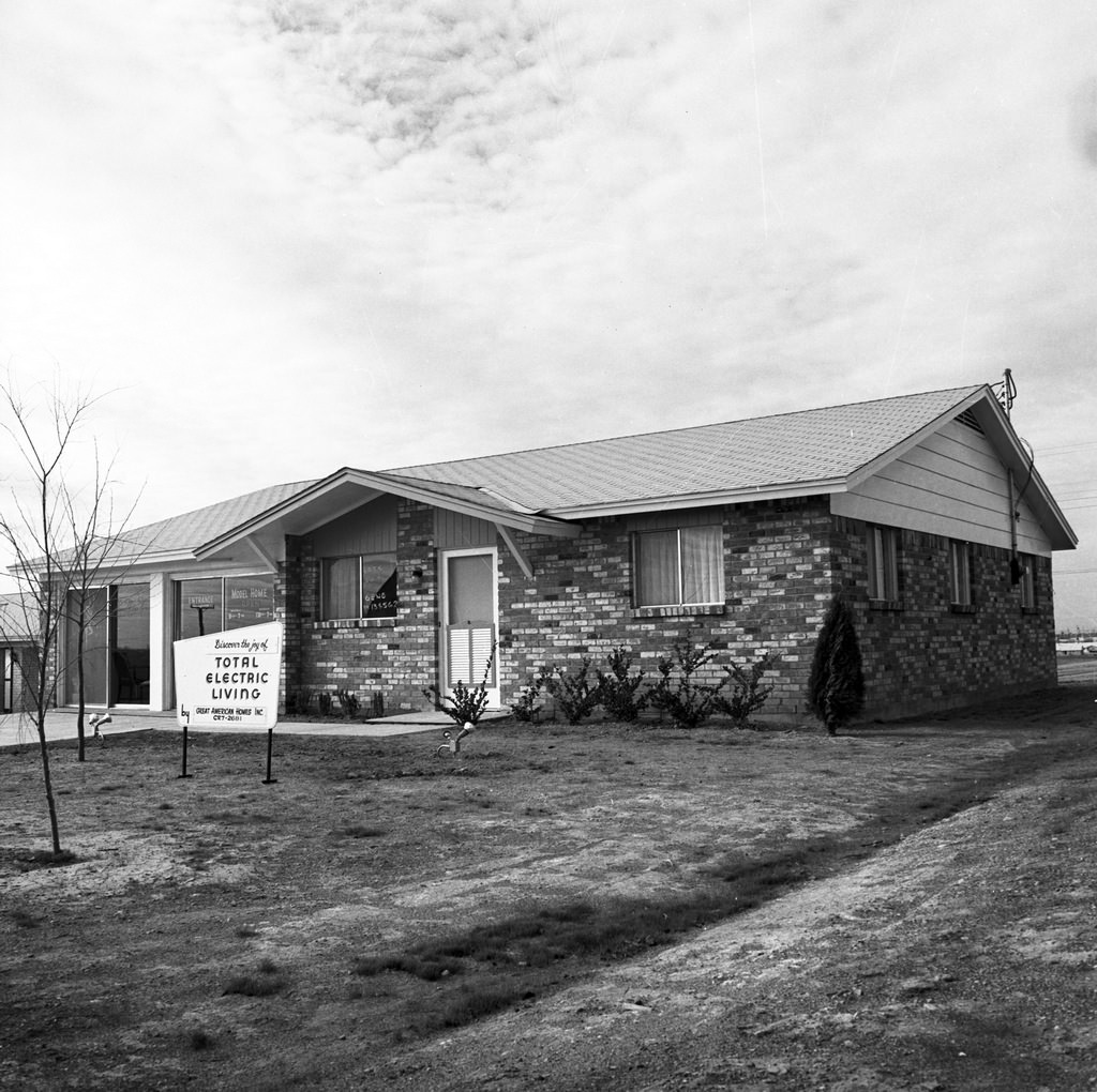 Exterior of a model home in the new Hi-Crest section of Western Hills Addition, Fort Worth, Texas, 1966