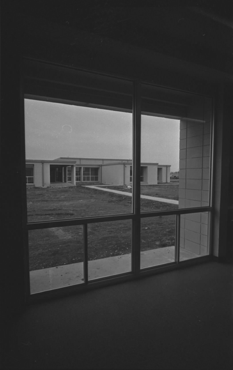 Trinity Valley, new secondary school and gymnasium shown from window, 1969