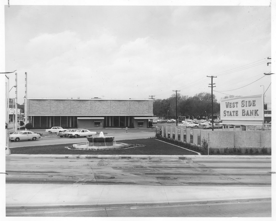 The Exterior of West Side State Bank with fountain in front, 1967