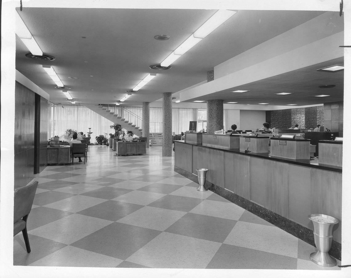 The interior of lobby of renovated West Side State bank, 1960