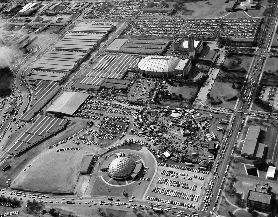 Aerial of Southwest Exposition and Fat Stock Show at Will Rogers Memorial complex, 1967