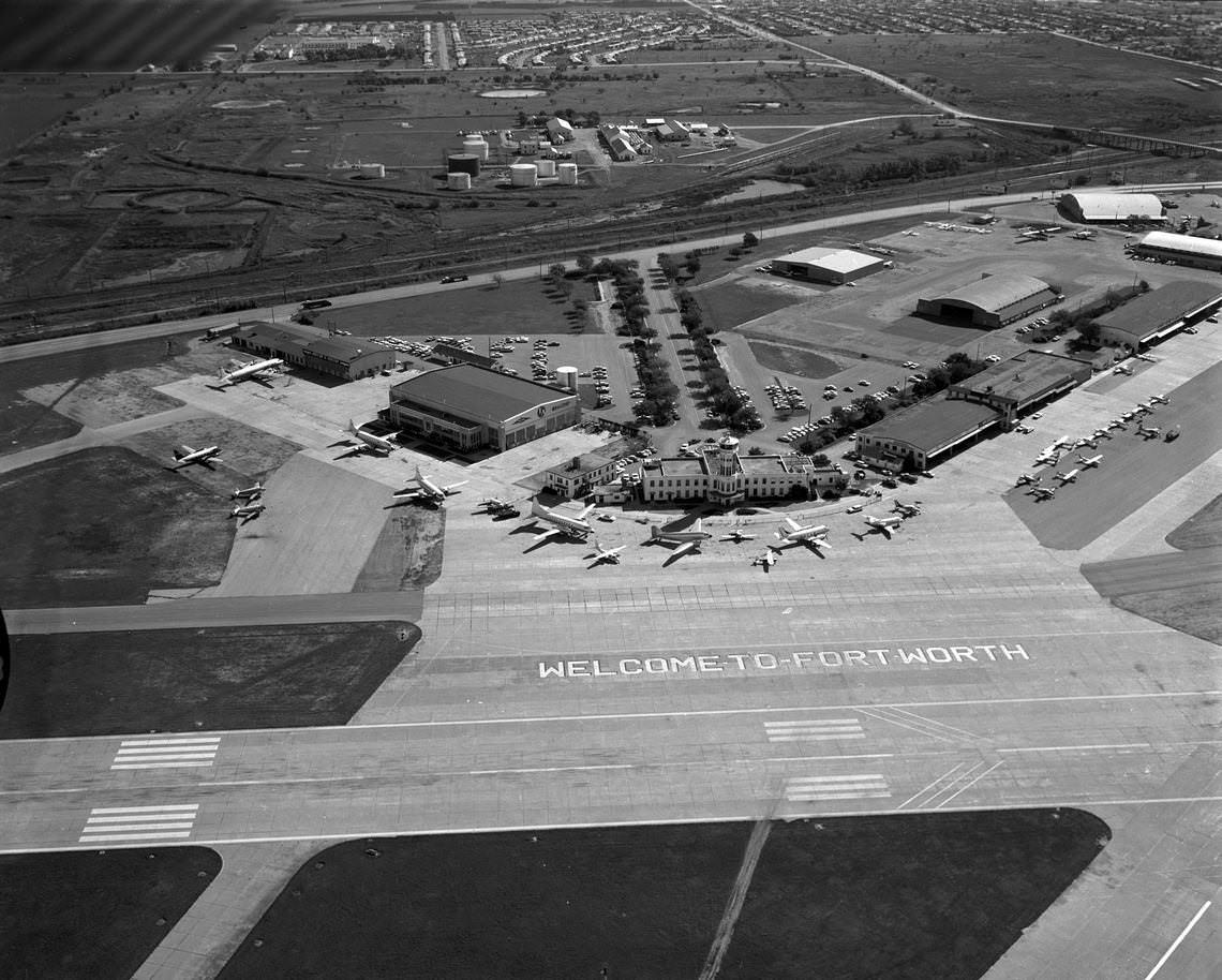 Aerial of Meacham airfield and terminal, Fort Worth, 1965