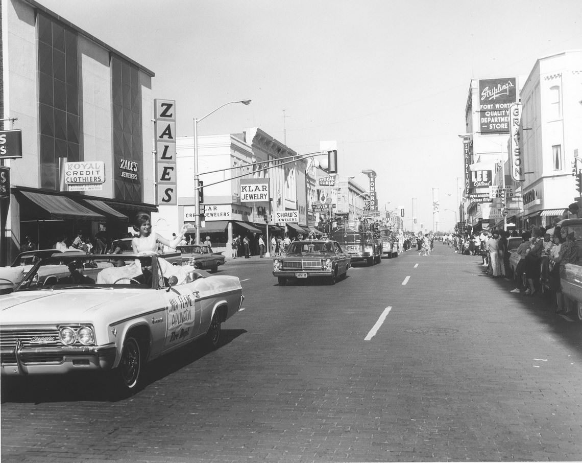 Parade in downtown Fort Worth with Miss Flame of Arlington, 1965