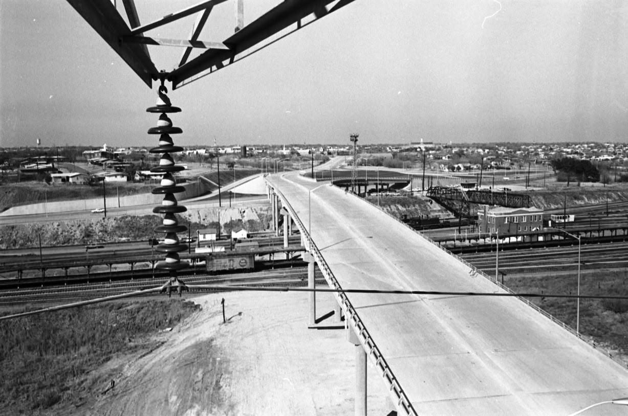Looking north at Hulen Street bridge over the railroad yard at time of completed construction of bridge, 1967