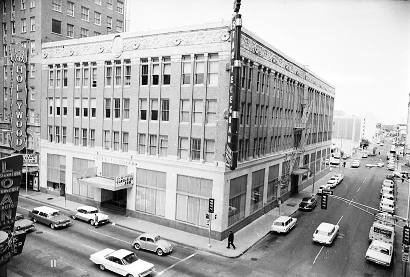 Exterior of the Fort Worth Star-Telegram building, 7th and Taylor Sts., downtown Fort Worth, 1963