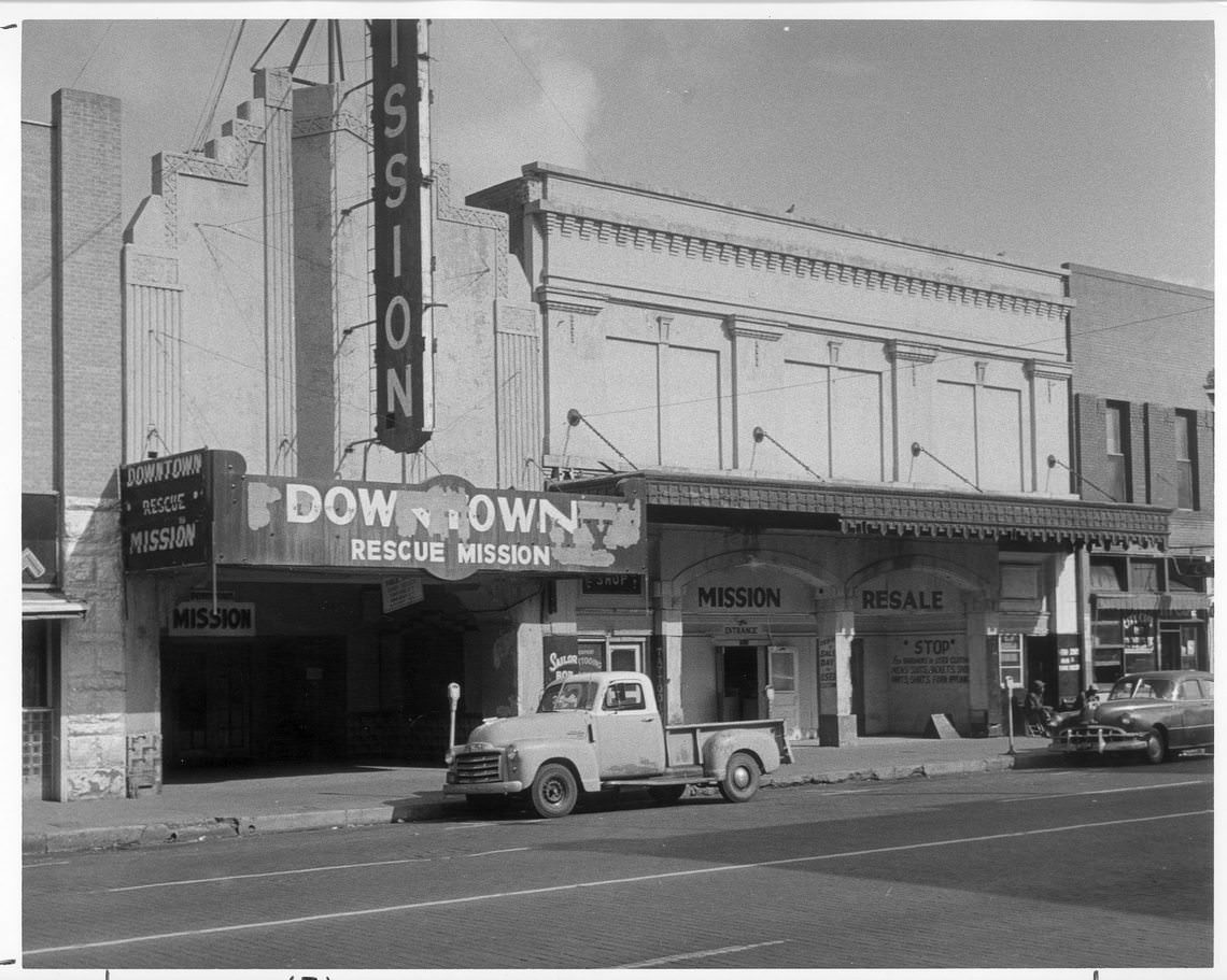 Fort Worth downtown Rescue Mission in old Liberty Theater building, 1100 Main Street, Fort Worth, Texas, 1960s