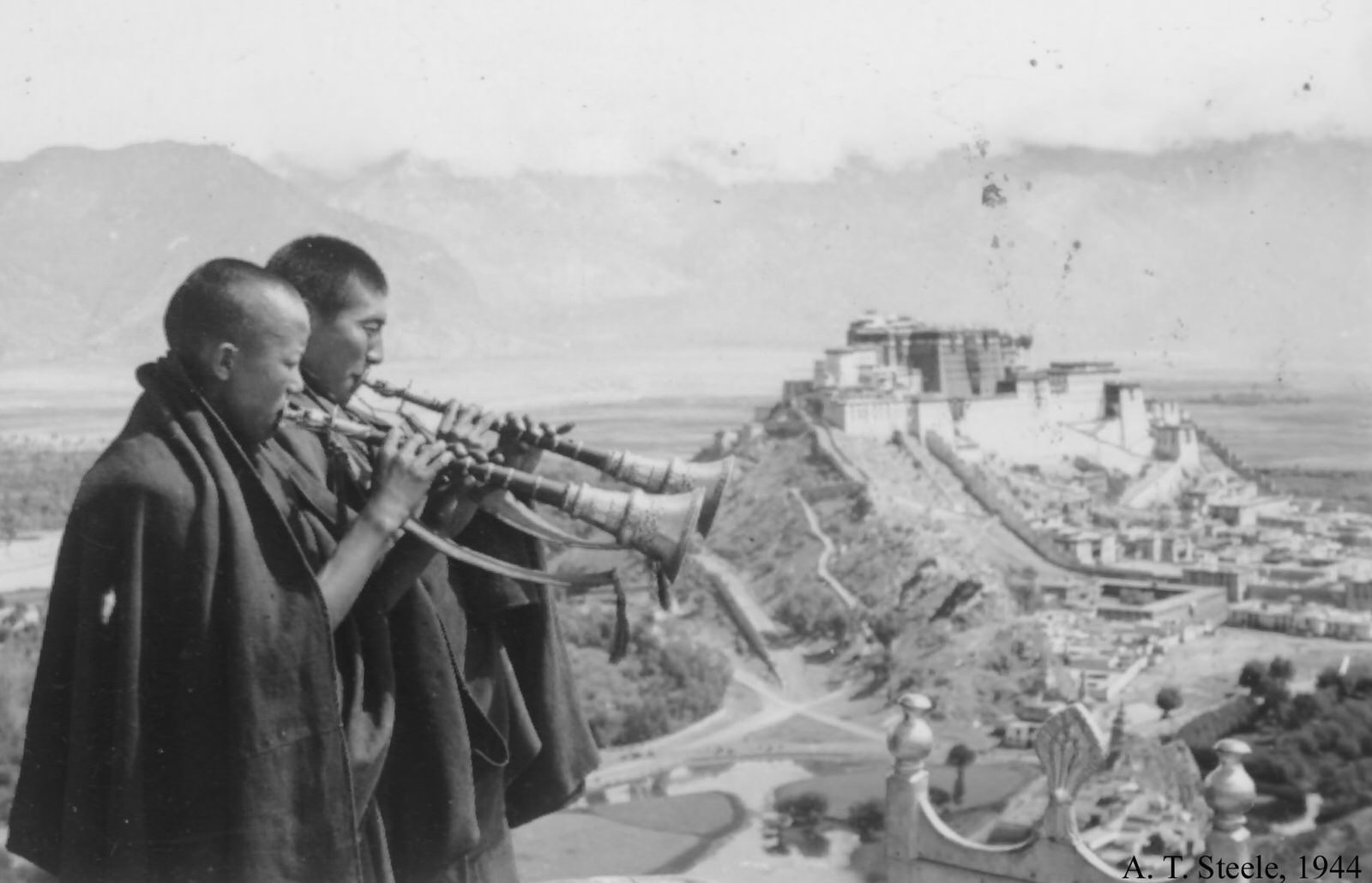 Buddhist Monks Trumpet the Call to Prayers, 1944