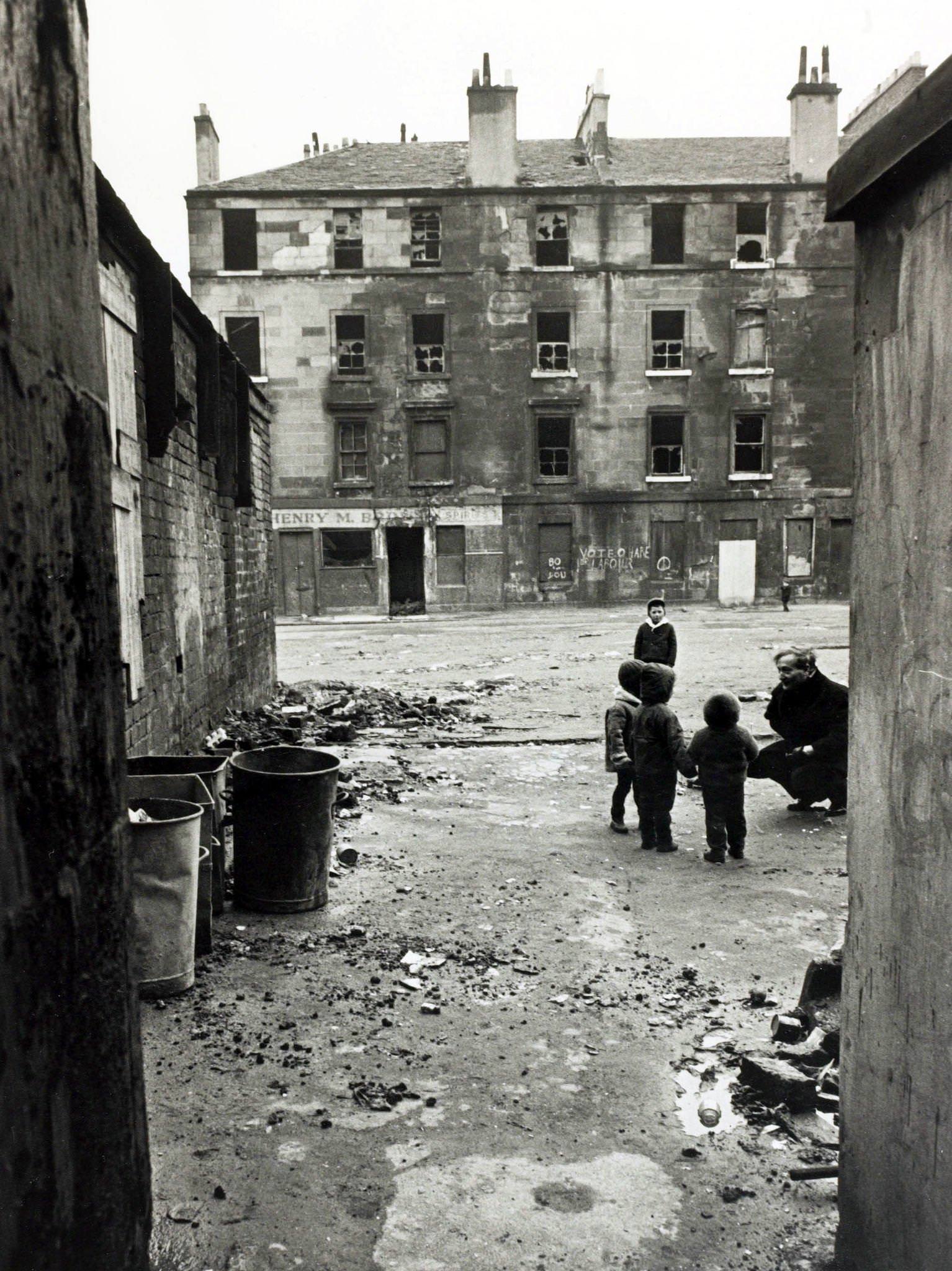A scene in the Gorbals area of Glasgow, Scotland, showing the slums about to be cleared for new flats, 1966