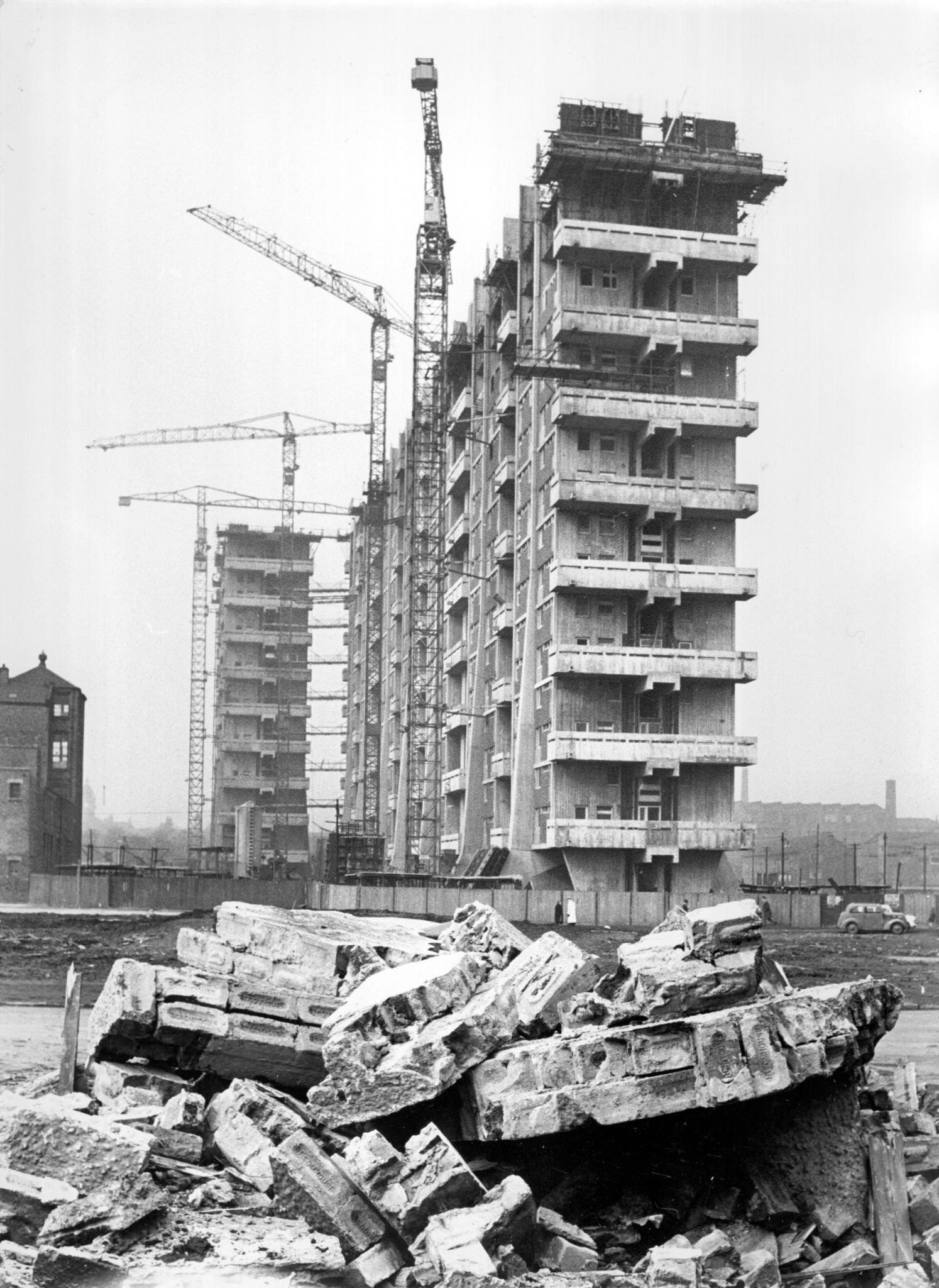 Tower blocks under construction in the Gorbals area of Glasgow, 1960
