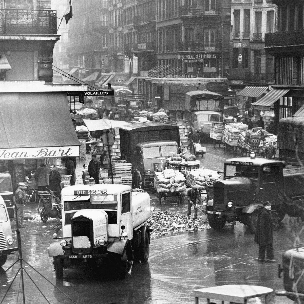 Busy street scene of the central market place "Les Halles" and vicinity, 1950s