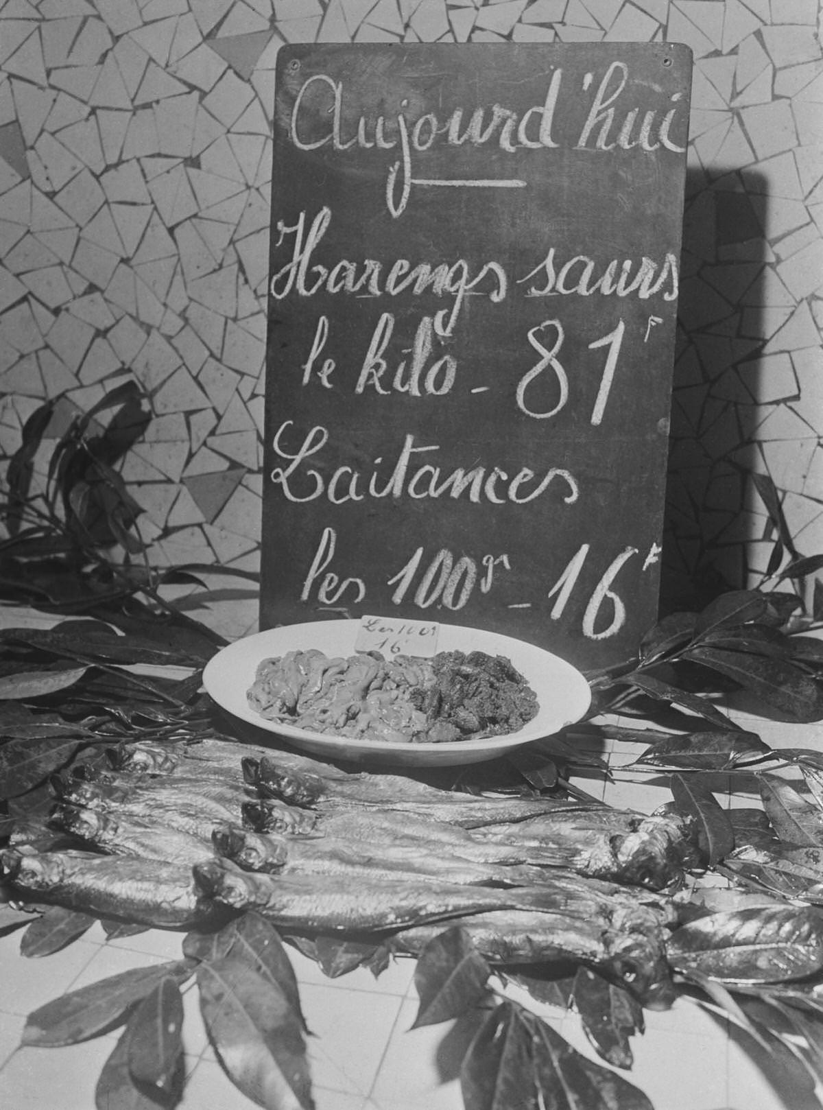 Fish stall during a wholesale fishmongers' strike at Les Halles market in November 1947