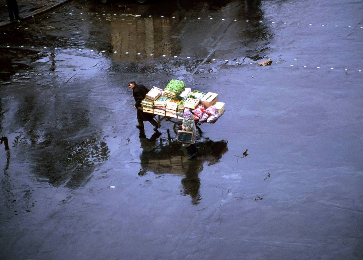 Delivery tricycle in Les Halles, which was historically the traditional central market of Paris, 1960s