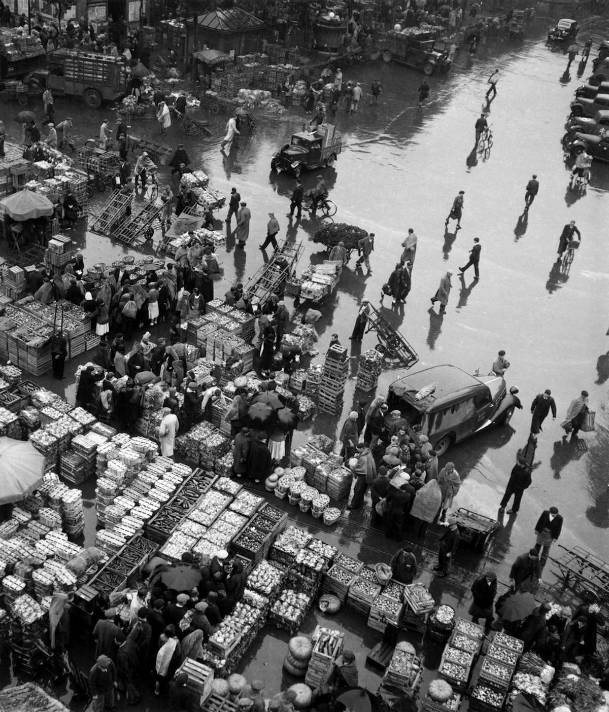 Les Halles under the rain, which was historically the traditional central market of Paris during 1945 in Paris, France.