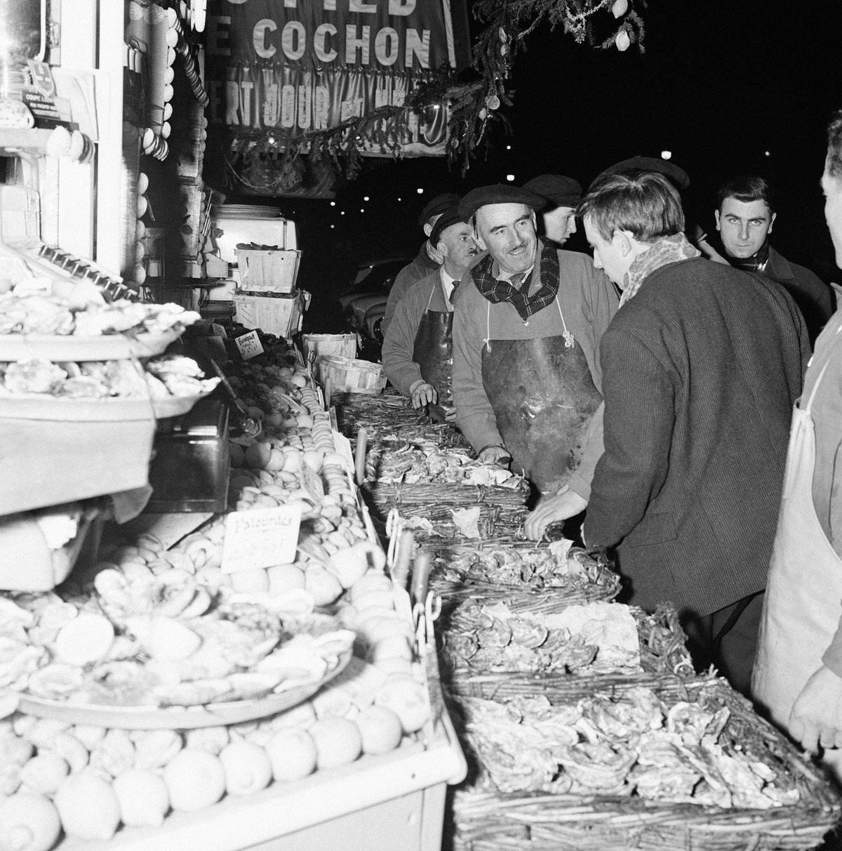 New Year's Eve shopping around the central Halles in Paris, 1959