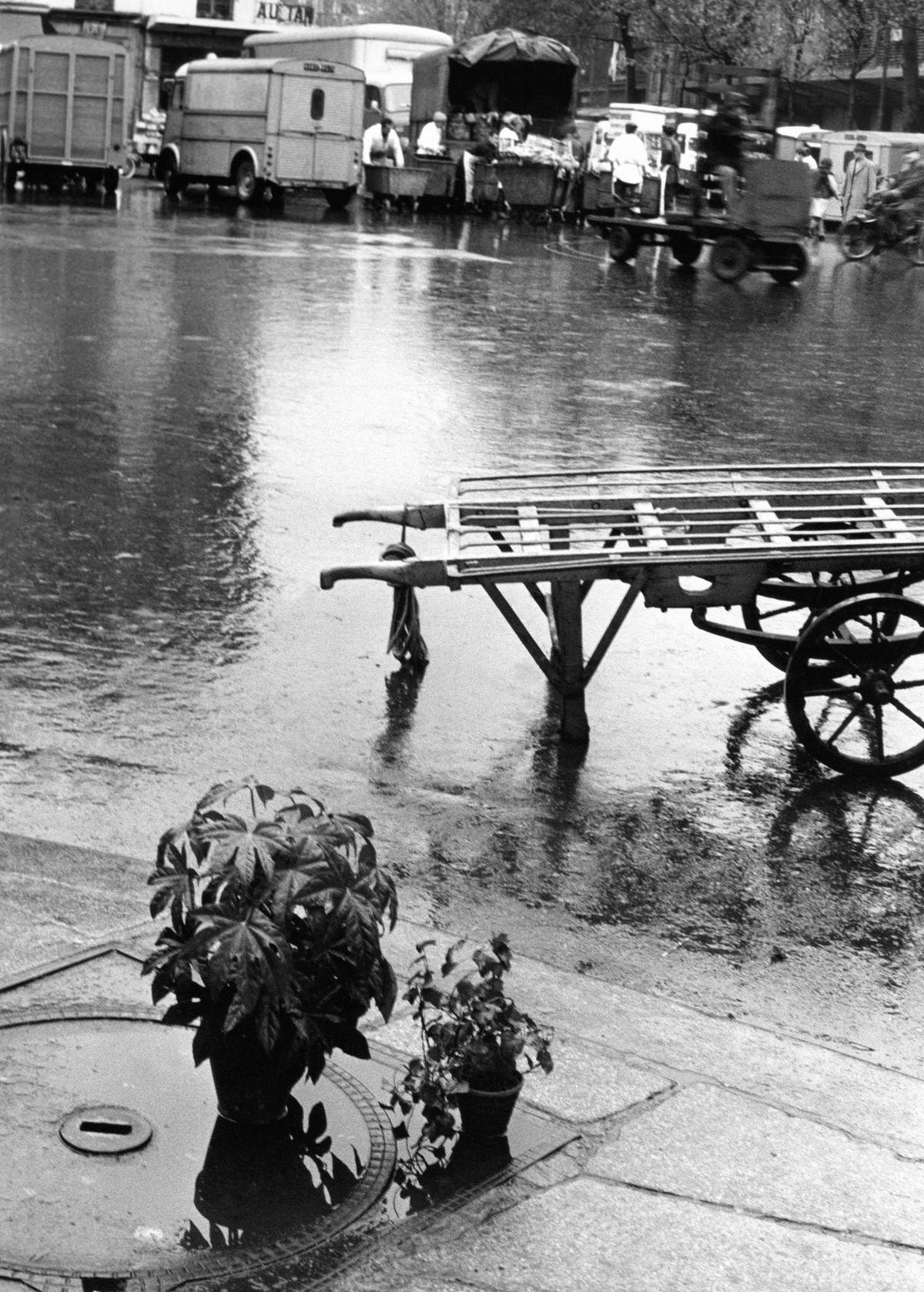 Rainy day on Les Halles, which was historically the traditional central market of Paris in 1967 in Paris