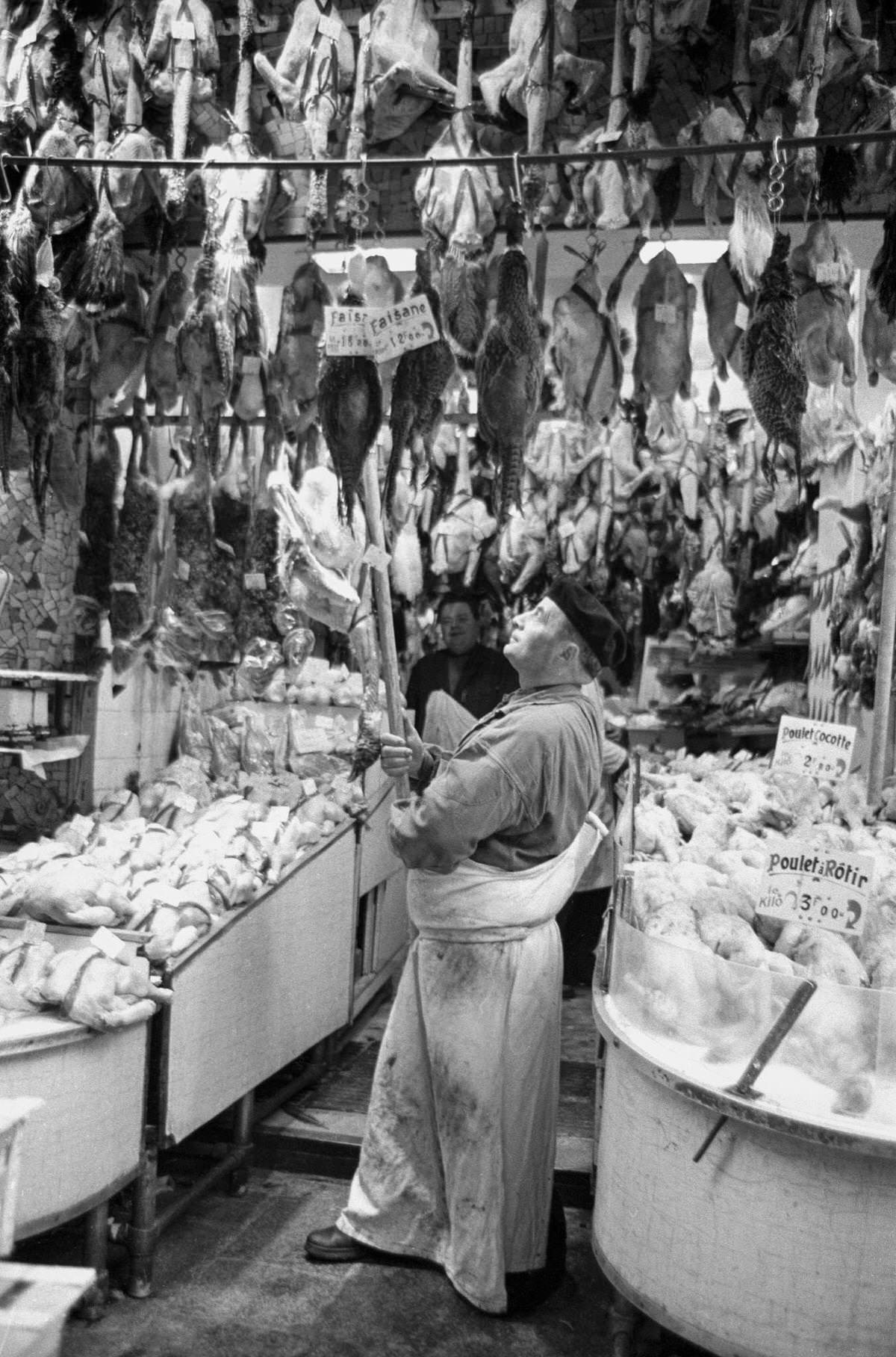 A display of turkeys and poultry, Les Halles, 1966