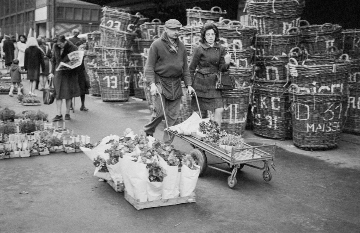 The flower market at Les Halles in Paris, 1969