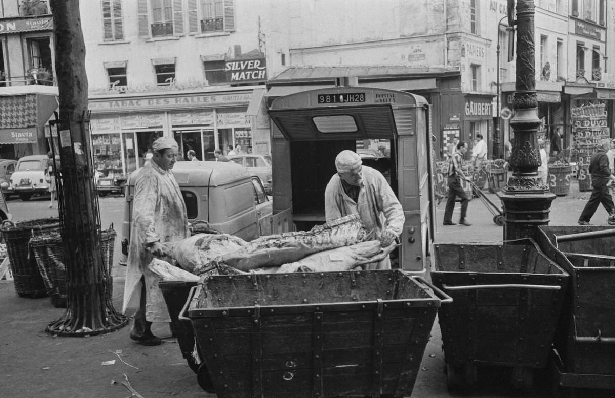 Delivery of carcasses to the butcher's pavilion in the halls of Paris, 1968