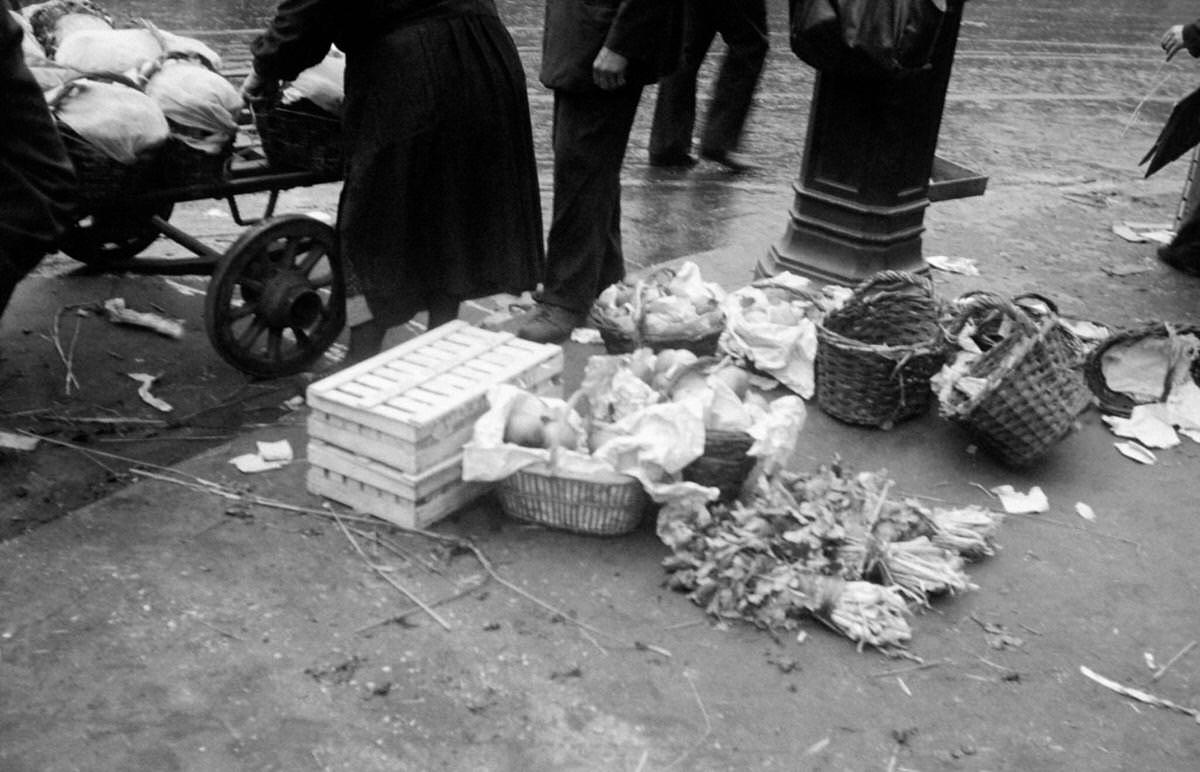 Crates and baskets at Les Halles market in Paris, 1933