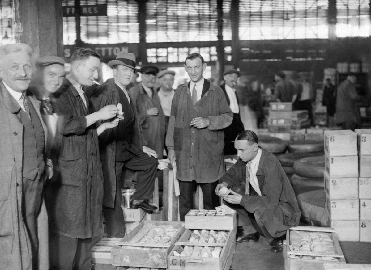 Inauguration of a room in the cellars of Les Halles for the conservation of cheeses, in Paris, 1930