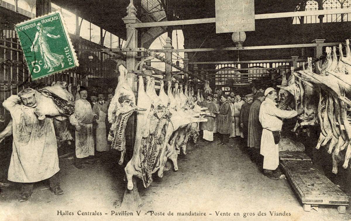 A wholesale meat market at Les Halles in Paris, 1908.