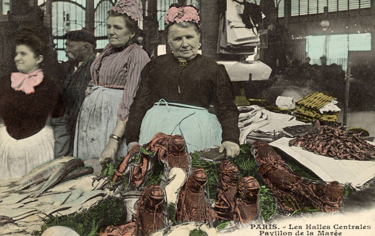 Ladies selling seafood in Les Halles in Paris, 1908.