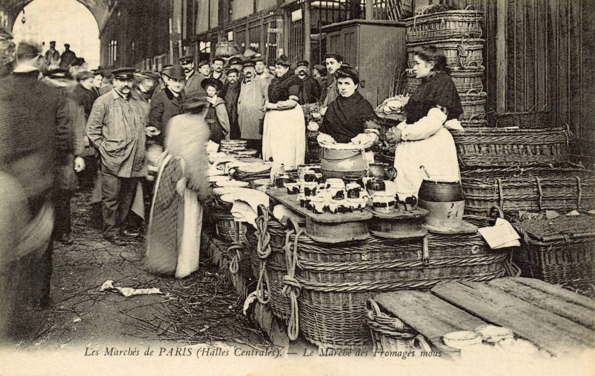 A cheese stall in Les Halles in Paris, 1908.