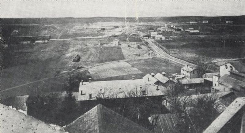 Elevated view from rooftops of what was known as Watertown Plank road, looking west from about North 35th Street, 1870