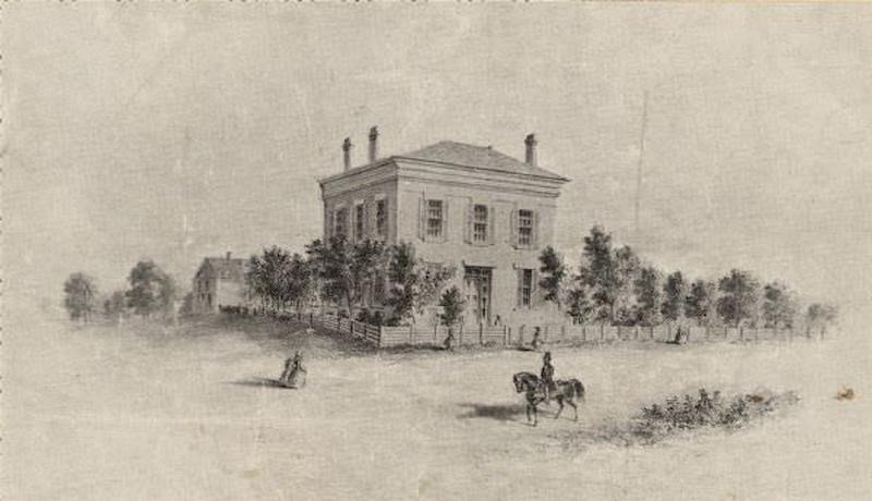 Notre Dame Convent, 1871. The building has a fence around it and the yard is filled with trees. Pedestrians are in the road, as well as a man riding a horse.