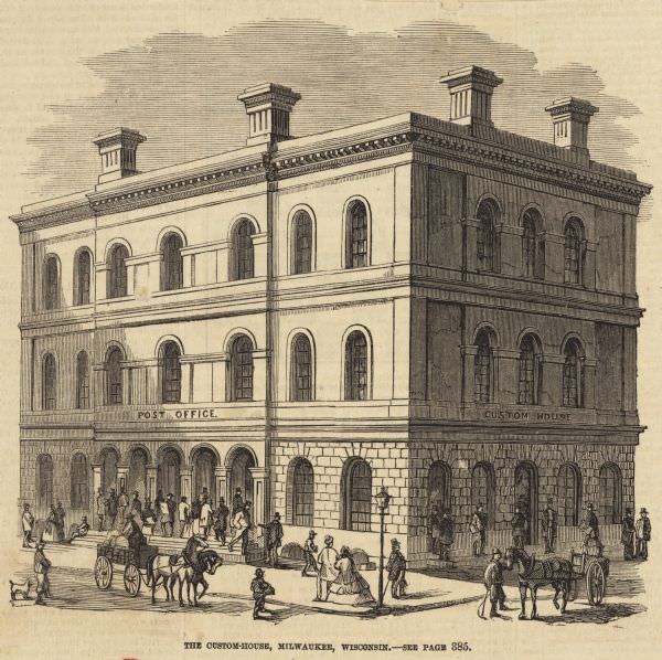 Building on a corner with a Post Office sign on left side of building, Custom House sign on the right side, 1855
